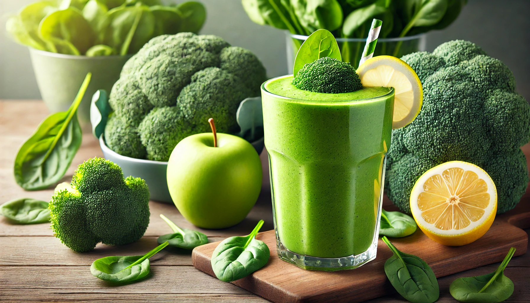 A vibrant green broccoli smoothie in a tall glass, garnished with a lemon slice and fresh spinach leaves, surrounded by broccoli florets, spinach, a green apple, and lemon slices in a bright, natural light setting.