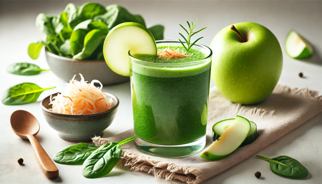 A detoxifying green smoothie in a clear glass, made with fresh spinach, green apple, cucumber, and coconut milk. The smoothie is a vibrant green, garnished with a thin apple slice. A small dish of sauerkraut is placed beside the glass, highlighting its probiotic benefits. The background is bright and clean, emphasizing health and wellness.