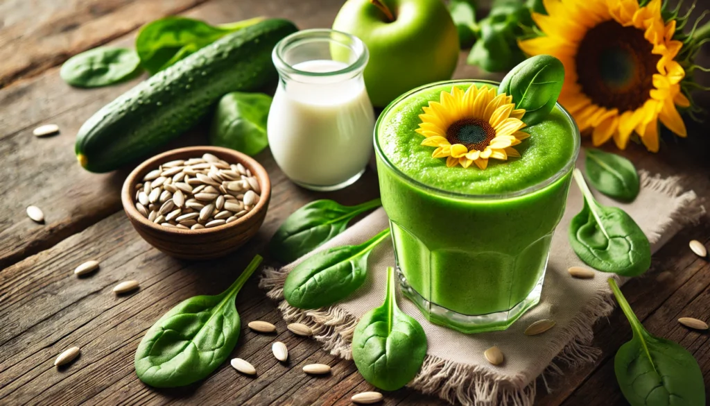 A vibrant green sunflower strength smoothie in a clear glass on a rustic wooden table, garnished with a thin apple slice. Surrounding the glass are fresh spinach leaves, sunflower seeds, a green apple, cucumber slices, and a small bowl of almond milk, showcasing the nutrient-rich ingredients that support bone health.