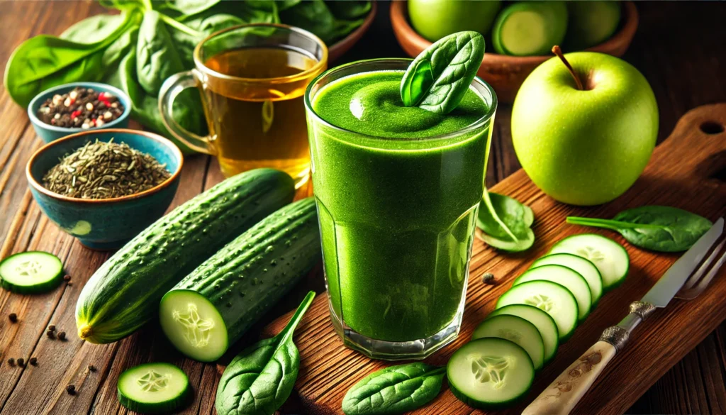 A nutrient-rich green tea spinach smoothie in a tall glass with a deep green color, surrounded by fresh spinach, sliced cucumber, a green apple, a cup of chilled green tea, and a slice of lemon on a wooden surface.