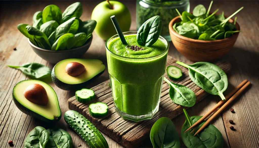 Vibrant green smoothie in a tall glass surrounded by spinach leaves, kale, cucumber slices, an avocado, and a green apple, set on a rustic wooden surface with soft natural lighting creating a fresh and healthy ambiance.