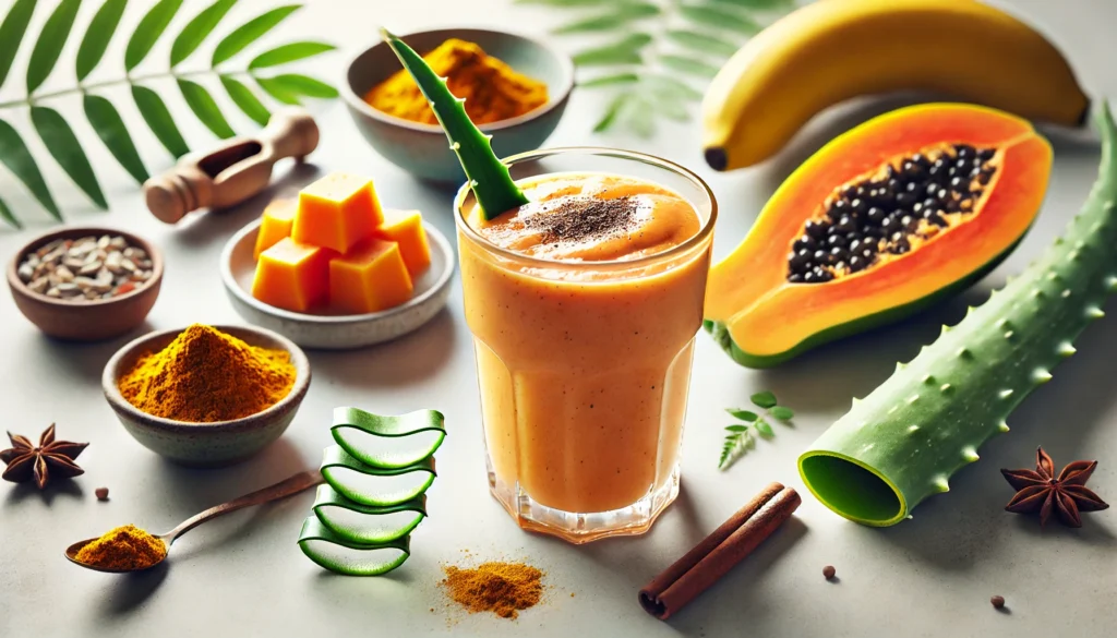 A gut-healing papaya and aloe vera smoothie in a clear glass, featuring a smooth, golden-orange texture. Surrounding the glass are fresh papaya chunks, a sliced aloe vera leaf, a small bowl of turmeric, a cinnamon stick, and a banana. The setting has soft natural lighting with a calming, nutritious ambiance.