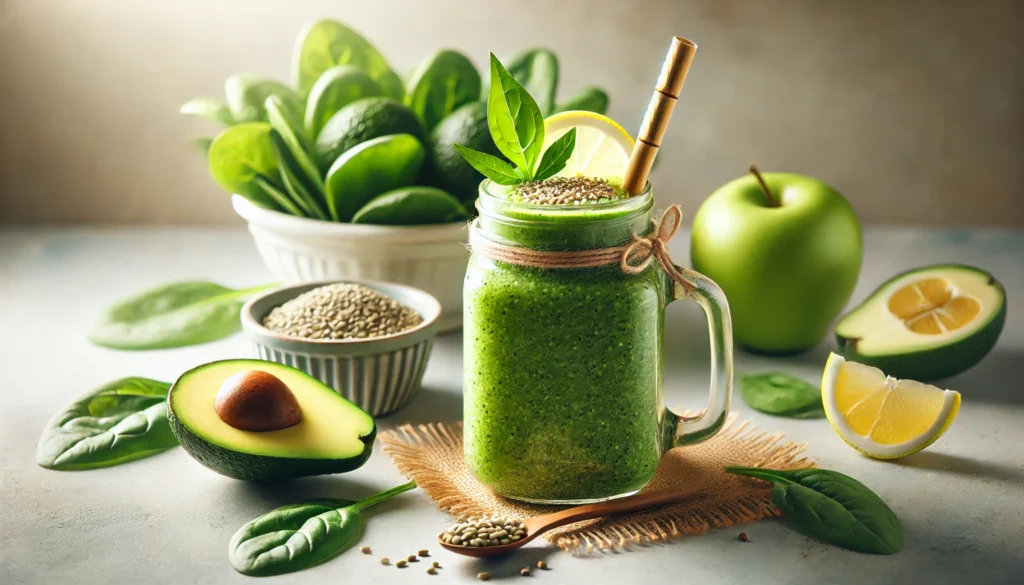 A refreshing green hemp smoothie in a tall glass jar with a bamboo straw, garnished with a lemon slice, surrounded by spinach leaves, avocado halves, green apple slices, and a small bowl of hemp seeds in bright natural lighting.