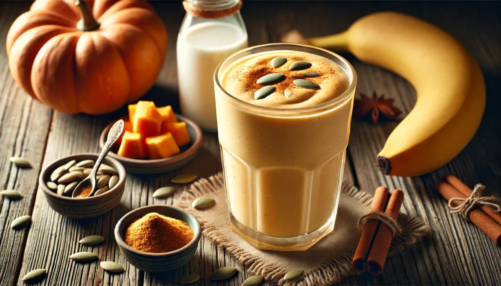 A creamy pumpkin spice comfort smoothie in a tall glass on a rustic wooden table, garnished with a sprinkle of cinnamon and a few pumpkin seeds. Surrounding the glass are pumpkin puree, a banana, a small bowl of almond milk, and a pinch of nutmeg, highlighting the cozy and bone-supporting ingredients.