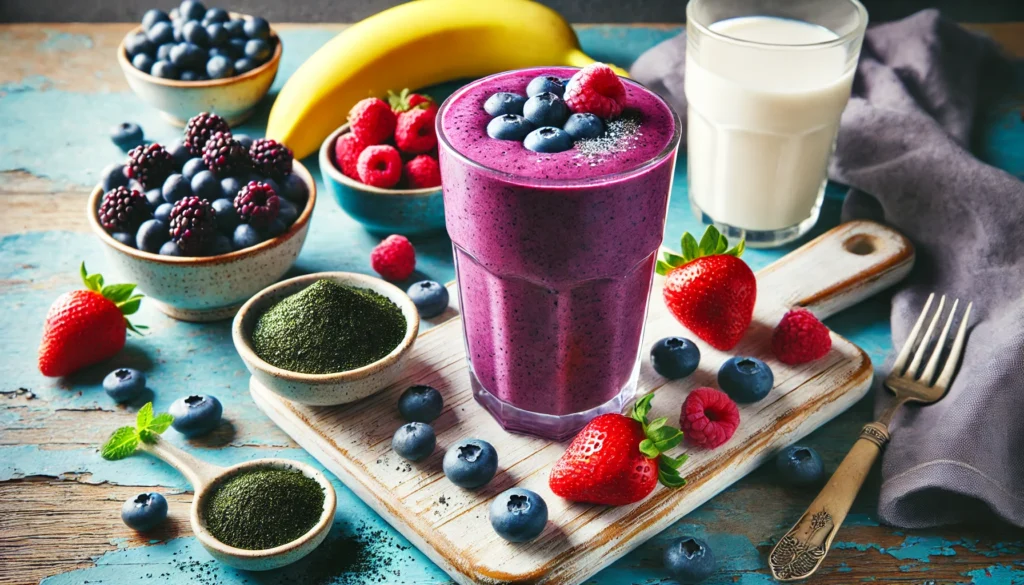 A colorful seaweed berry blast smoothie in a tall glass with a deep purple hue, surrounded by fresh blueberries, raspberries, strawberries, a frozen banana, almond milk, and a dish of powdered seaweed on a wooden table.