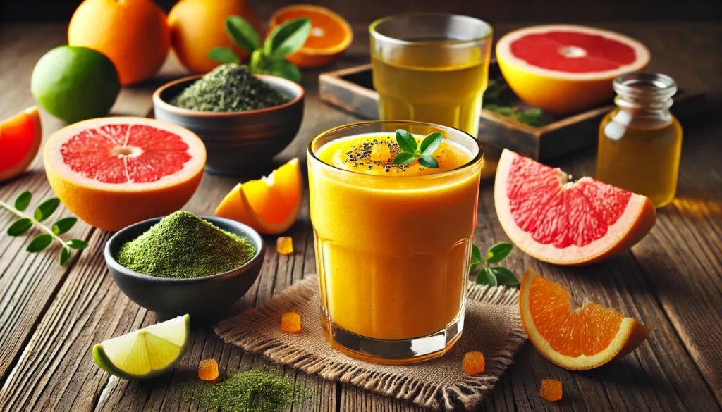 A refreshing seaweed citrus energizer smoothie in a tall glass with a bright orange color, surrounded by fresh orange slices, grapefruit segments, lime, green tea, and a dish of powdered seaweed on a rustic wooden table.
