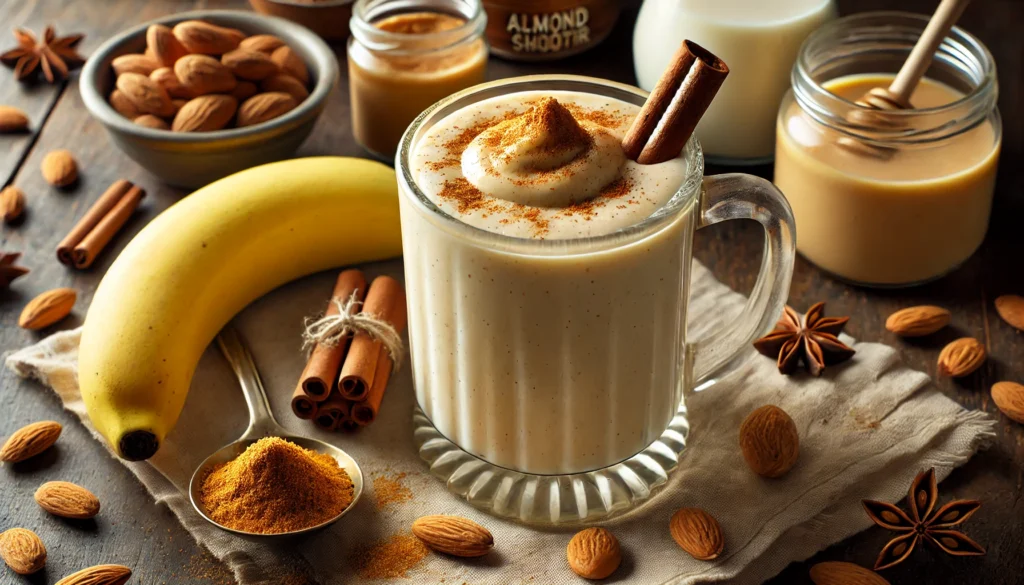 A Spiced Almond Butter Comfort Smoothie served in a clear glass mug with a creamy beige hue, garnished with ground cinnamon and a cinnamon stick, surrounded by a banana, nutmeg, almond butter, and almond milk, ideal for supporting your baby’s growth and overall well-being.
