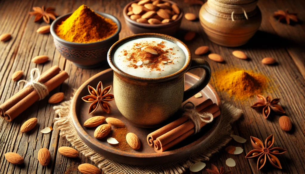 A rustic mug filled with spiced almond smoothie, topped with a sprinkle of cinnamon and crushed almonds, surrounded by ground turmeric, cinnamon sticks, and scattered almonds on a warmly lit wooden table.