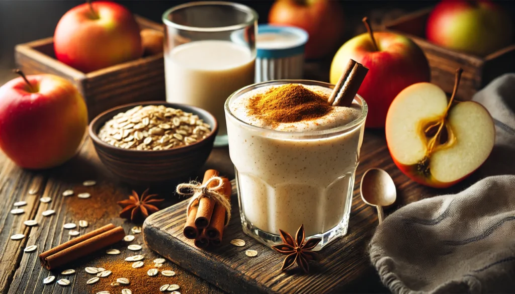 A cozy spiced apple pie smoothie in a tall glass with a creamy beige texture, garnished with cinnamon, surrounded by fresh apple slices, cinnamon sticks, and a glass of oat milk on a rustic wooden surface, with a yogurt container in the background.