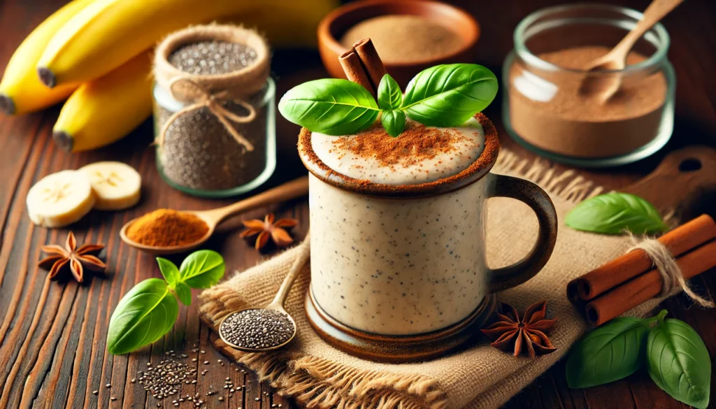 A creamy light beige Spiced Basil Chia Delight Smoothie served in a rustic mug, garnished with a sprinkle of cinnamon and a fresh basil leaf. The warm wooden table background features a jar of chia seeds, ground ginger, and a banana, ensuring a cozy, text-free, and health-focused ambiance.