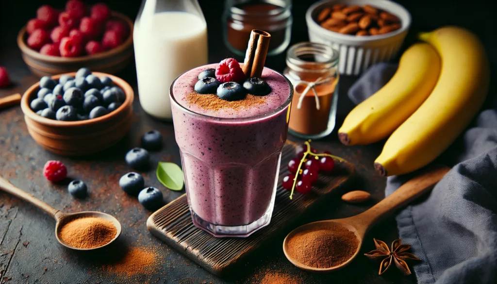 A cozy smoothie in a tall glass, blending deep purple tones, topped with a sprinkle of cinnamon and fresh berries. The scene includes a banana, a small jar of almond milk, and a wooden spoon of cinnamon powder on a dark rustic table, showcasing comforting and collagen-boosting ingredients.