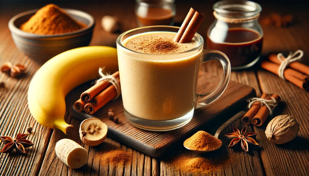 Warm golden-brown spiced smoothie in a clear mug surrounded by ground cinnamon, nutmeg, a banana half, and a small jar of blackstrap molasses, set on a wooden table with soft lighting creating a cozy and inviting ambiance.