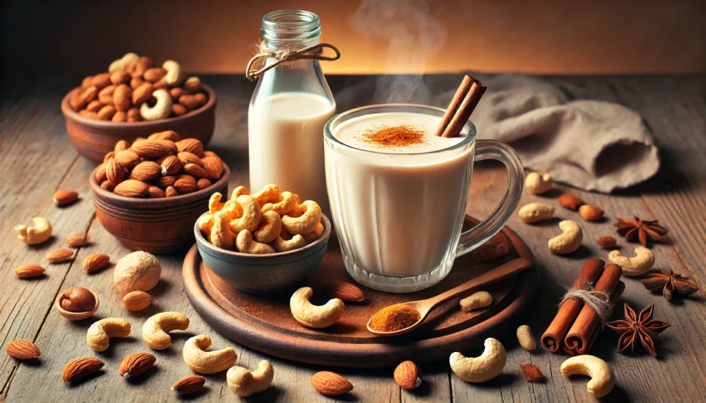 A light beige smoothie in a glass mug surrounded by a small bowl of raw cashews, ground cinnamon, nutmeg, and a bottle of almond milk on a wooden table, softly lit with warm tones for a cozy and inviting atmosphere.
