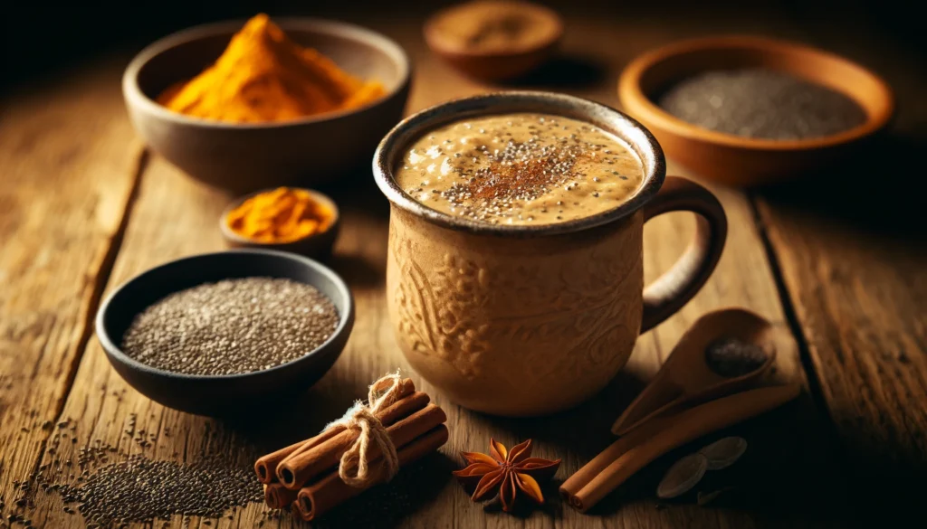 A rustic mug filled with spiced chia smoothie, topped with a sprinkle of cinnamon and soaked chia seeds, surrounded by cinnamon sticks, ground turmeric, and a small bowl of chia seeds on a warmly lit wooden table.