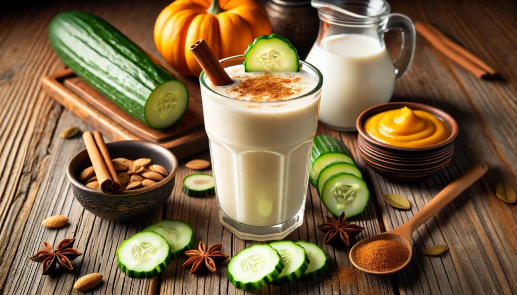 A creamy spiced cucumber comfort smoothie in a tall glass on a rustic wooden table, garnished with a sprinkle of cinnamon and a cucumber slice. Surrounding the glass are peeled cucumber pieces, a small bowl of pumpkin puree, a jug of almond milk, and a pinch of nutmeg, highlighting the cozy and anti-inflammatory ingredients.