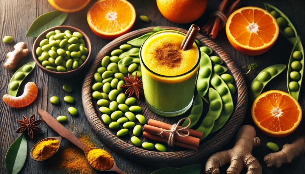 A vibrant smoothie in a glass surrounded by shelled edamame, fresh orange segments, a cinnamon stick, and a sprinkle of turmeric on a dark wooden surface, styled with warm natural lighting for a cozy and anti-inflammatory presentation.