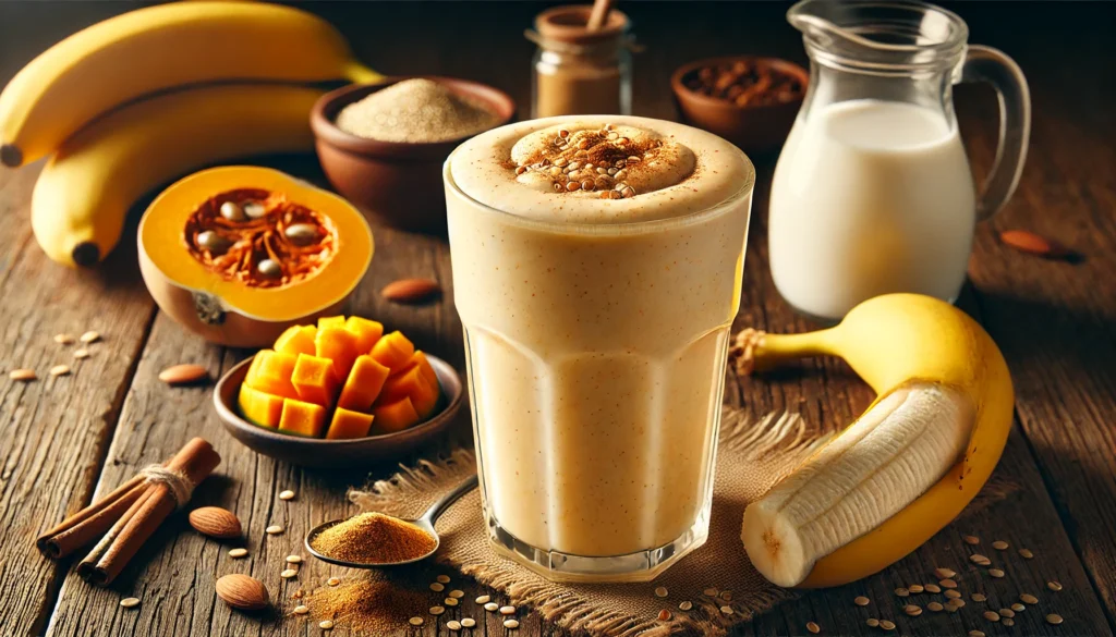 A creamy spiced quinoa comfort smoothie in a tall glass on a rustic wooden table, garnished with a sprinkle of cinnamon and a few quinoa grains. Surrounding the glass are a peeled banana, a small bowl of pumpkin puree, a jug of almond milk, and a pinch of nutmeg, highlighting the cozy and joint-supporting ingredients.