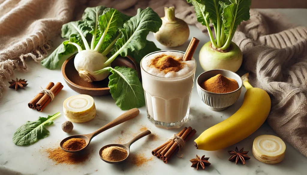 A light beige smoothie in a tall glass, surrounded by fresh turnip greens, a peeled frozen banana, small bowls of ground cinnamon and nutmeg, and a wooden spoon on a marble countertop, softly lit to evoke cozy and comforting tones.