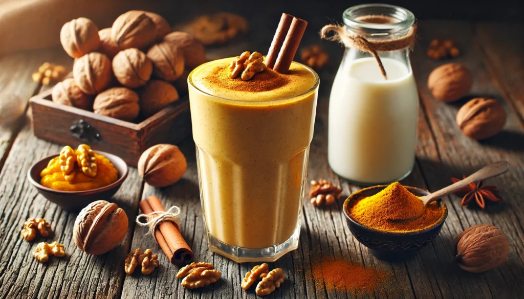 A cozy spiced walnut delight smoothie in a tall glass with a warm golden-brown color, surrounded by walnuts, cinnamon sticks, turmeric powder, and a date on a rustic wooden table, with a glass of almond milk nearby.