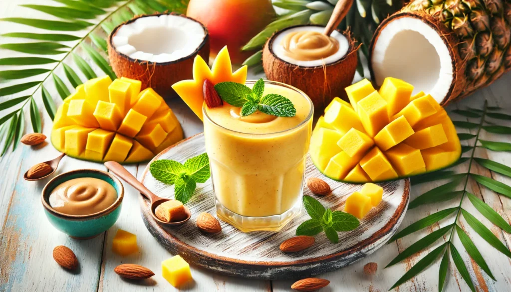 A Tropical Almond Butter Delight Smoothie served in a clear glass with a golden-yellow hue, garnished with a slice of mango and a sprig of mint, surrounded by mango chunks, pineapple pieces, almond butter, and coconut water, perfect for nurturing your baby’s growth.