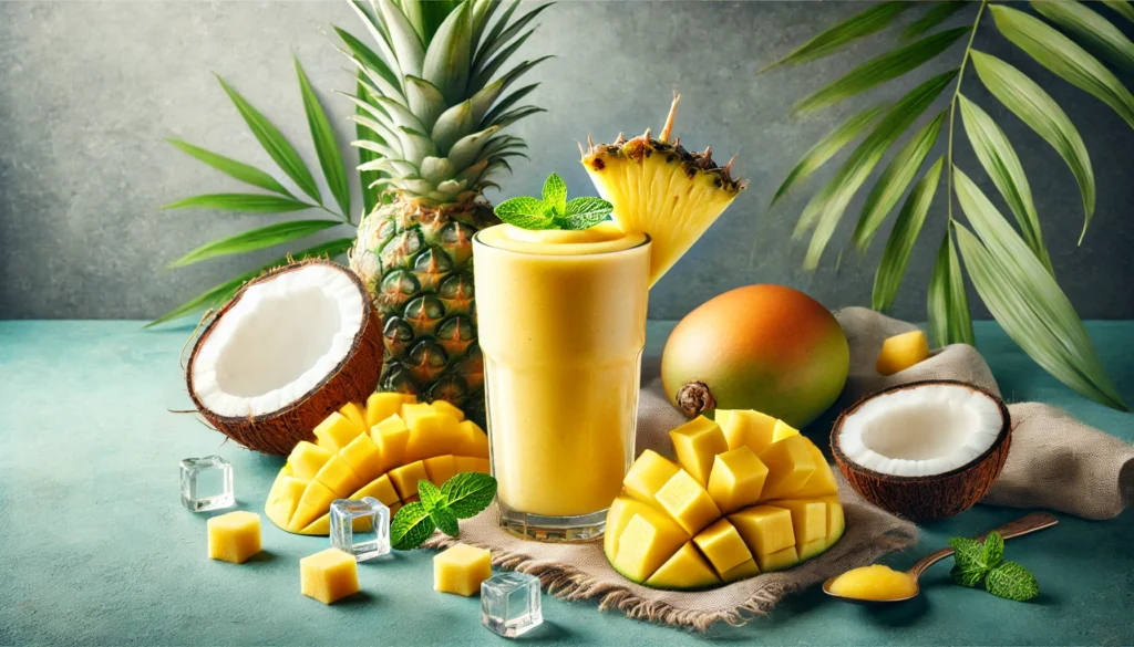 A Tropical Banana Boost Smoothie served in a clear glass with a golden-yellow hue, garnished with a pineapple slice and mint, surrounded by pineapple chunks, mango slices, a banana, and coconut water, perfect for an energy-enhancing tropical treat.