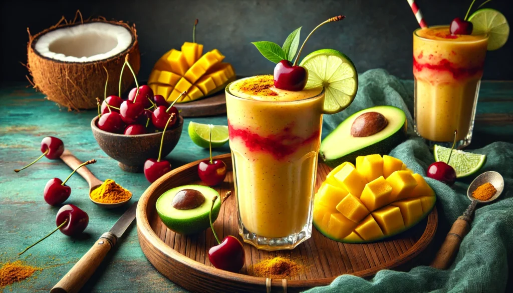 A vibrant Tropical Cherry Slumber smoothie with golden-yellow and red hues, garnished with a lime wedge and turmeric, set on a bamboo tray surrounded by fresh mango slices, tart cherries, avocado, and a coconut shell, evoking a tropical vibe.