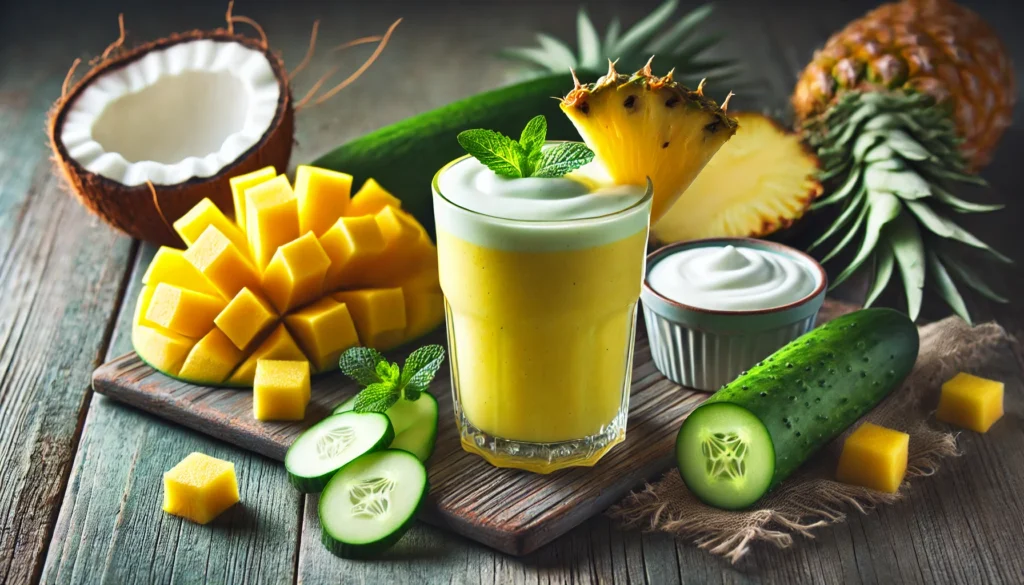 A vibrant tropical cucumber paradise smoothie in a clear glass on a rustic wooden table, garnished with a pineapple slice and a sprig of mint. Surrounding the glass are peeled cucumber slices, fresh pineapple chunks, mango pieces, a small bowl of Greek yogurt, and a glass of coconut milk, showcasing the refreshing and anti-inflammatory ingredients.