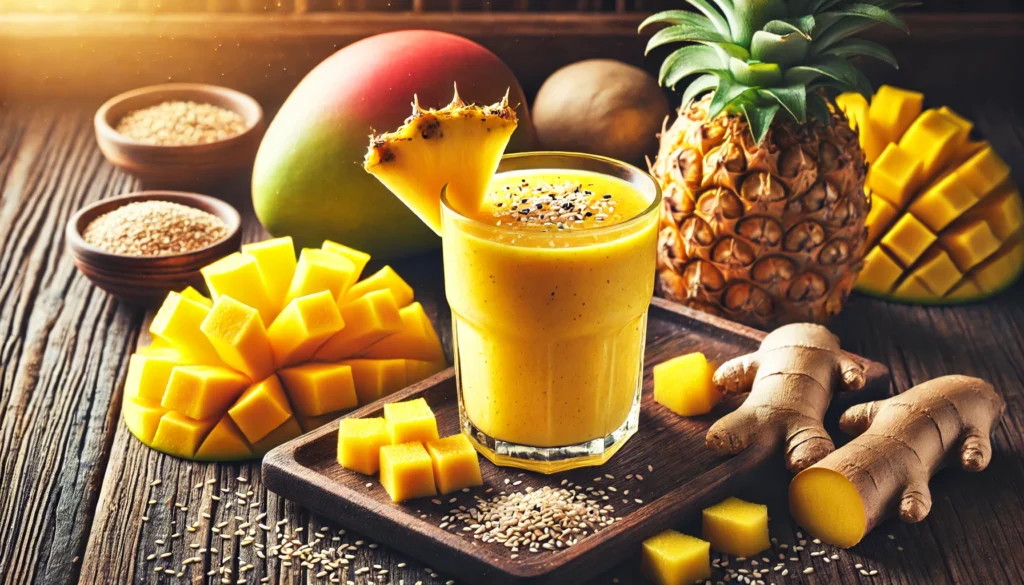 Bright yellow tropical smoothie in a clear glass, surrounded by pineapple chunks, mango slices, grated ginger, and sesame seeds on a rustic wooden table, with soft natural lighting enhancing the tropical and refreshing ambiance.