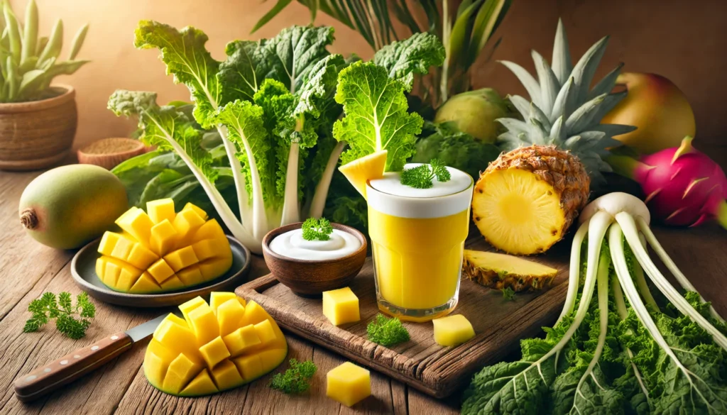 A bright yellow smoothie in a glass surrounded by fresh turnip greens, chunks of pineapple, slices of mango, and a small bowl of Greek yogurt on a wooden surface, softly lit with warm natural light for a tropical and refreshing atmosphere.