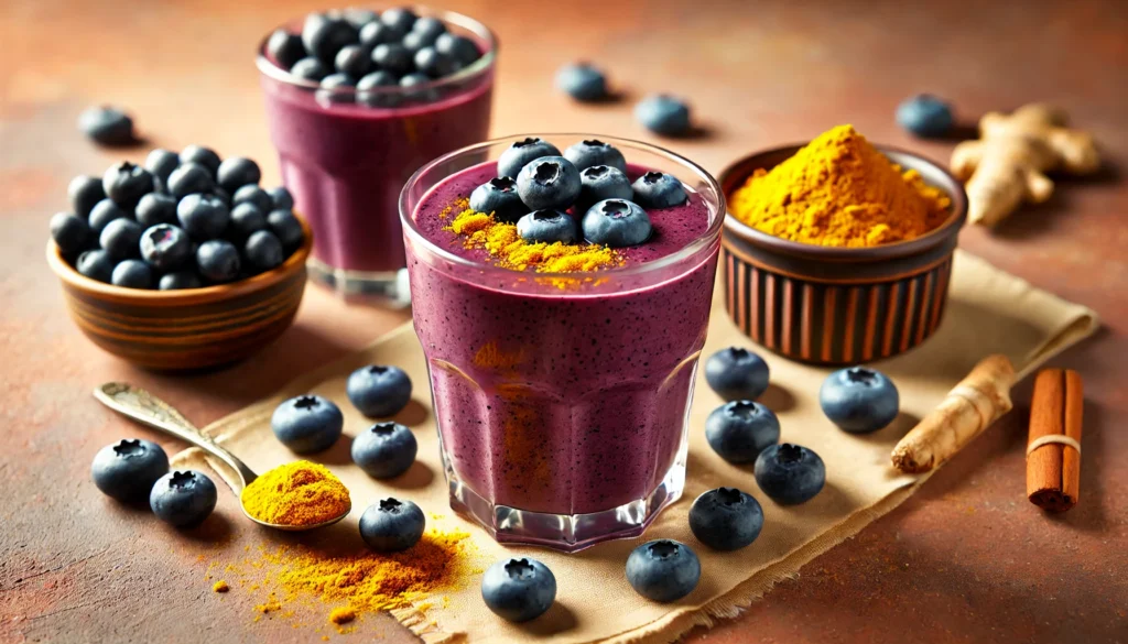 A rich blueberry smoothie in a clear glass, made with turmeric, fresh blueberries, and almond butter. The smoothie has a deep purple color with a slight golden hint from turmeric and is garnished with fresh blueberries. A small dish of turmeric powder is placed beside the glass, emphasizing its antioxidant and gut health benefits. The background is warm and inviting.