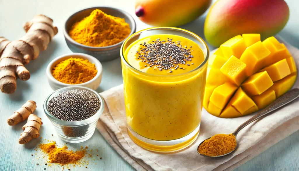 A vibrant mango smoothie in a clear glass, featuring turmeric, fresh mango, and chia seeds. The smoothie has a rich yellow-orange hue and is garnished with a few soaked chia seeds. A small dish of turmeric powder is placed beside the glass, highlighting its digestive support and anti-inflammatory properties. The background is bright and refreshing.