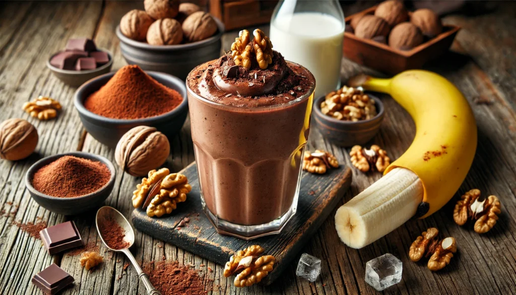 A decadent walnut and cacao indulgence smoothie in a tall glass with a rich chocolatey brown color, surrounded by raw cacao powder, walnuts, a frozen banana, and a drizzle of maple syrup on a rustic wooden surface.