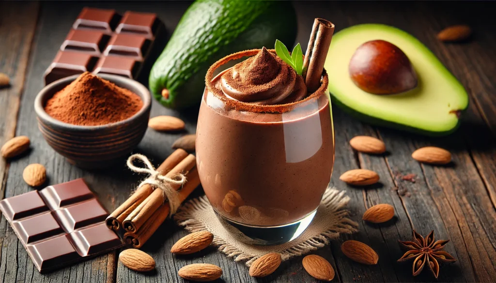 A chocolate avocado smoothie in a stylish glass, garnished with cocoa powder and a cinnamon stick, surrounded by raw cacao, almonds, and an avocado, with a dark wooden background.
