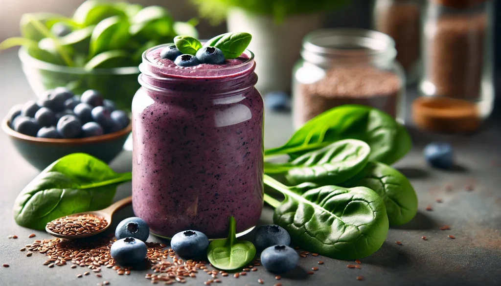 A fresh and healthy blueberry and spinach smoothie in a glass jar, surrounded by fresh spinach leaves, blueberries, and flaxseeds. The smoothie has a deep purple-green color, highlighting its nutrient-rich ingredients.