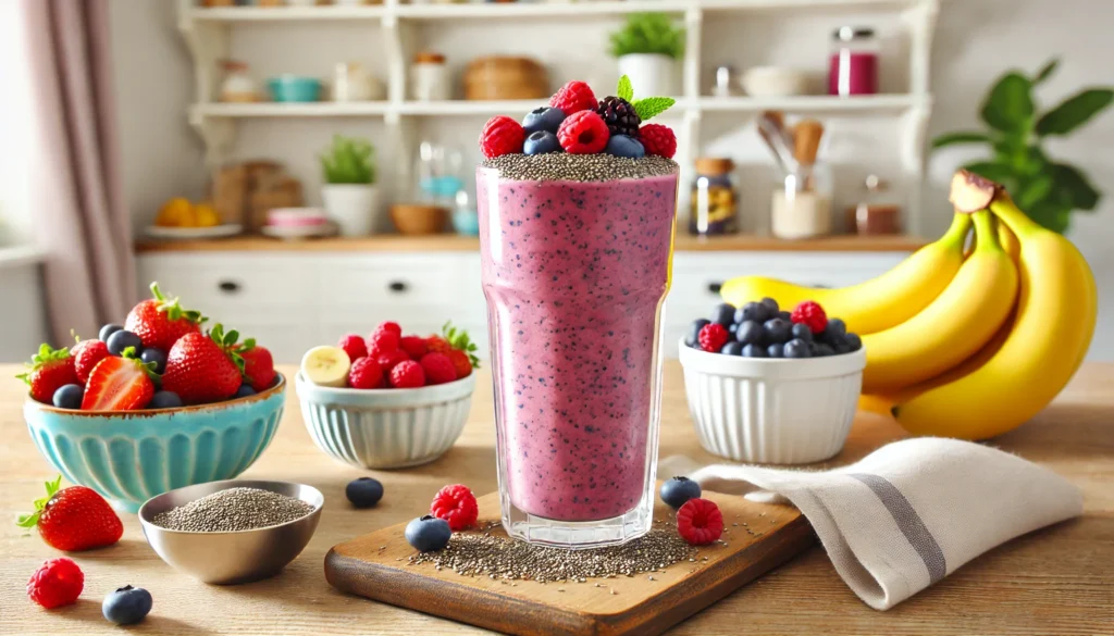 A colorful berry smoothie in a tall glass, topped with chia seeds and fresh berries, placed on a wooden table with bowls of mixed berries, a banana, and a scoop of protein powder in a bright kitchen setting.