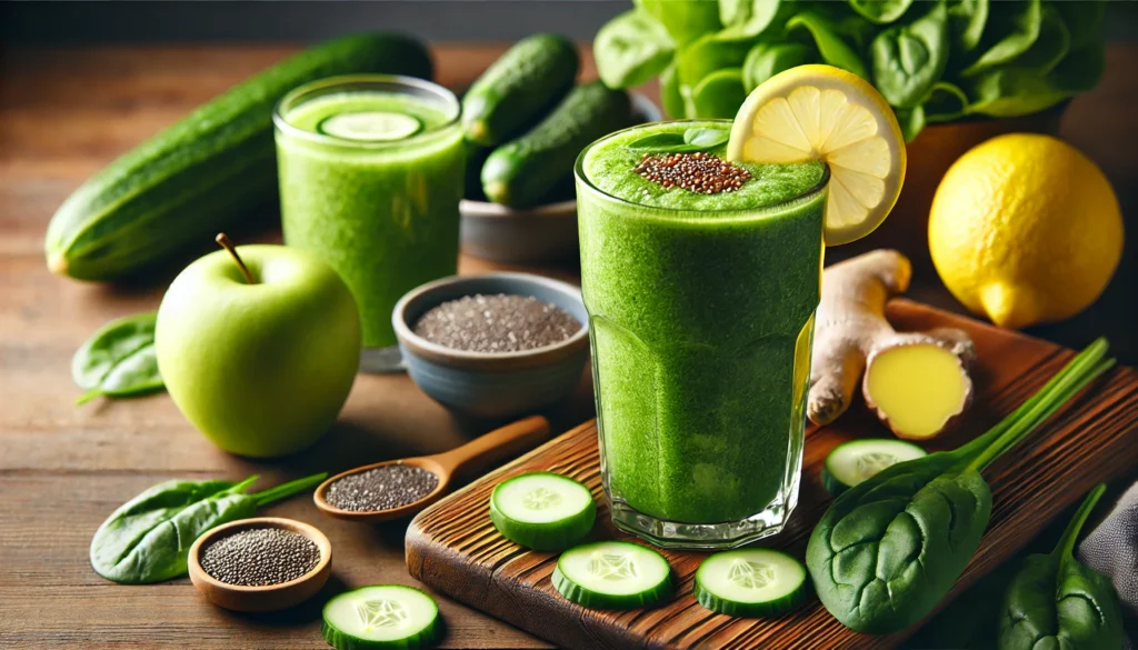 A refreshing green detox smoothie made with spinach, cucumber, green apple, and ginger, topped with a lemon slice and chia seeds.