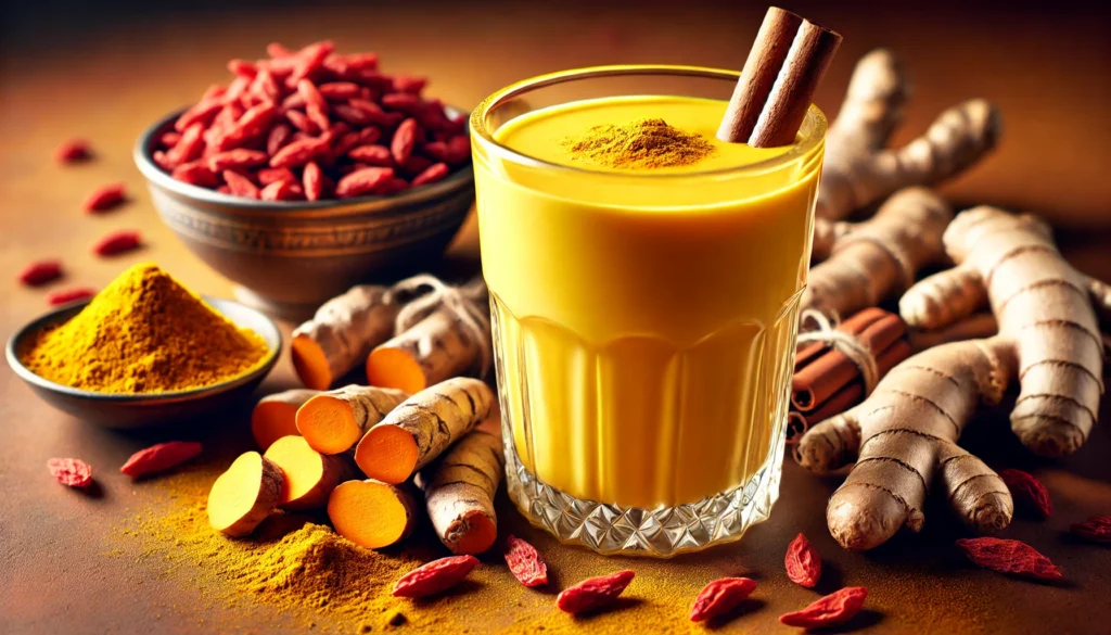 A golden turmeric and goji berry smoothie, surrounded by fresh turmeric roots, goji berries, and cinnamon sticks, highlighting its anti-inflammatory benefits.