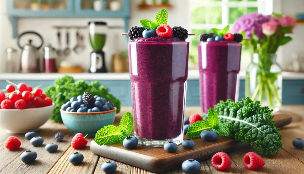 A rich purple smoothie made with kale, blueberries, and raspberries, topped with fresh berries and a mint leaf. A bright kitchen setting enhances the smoothie’s appeal.