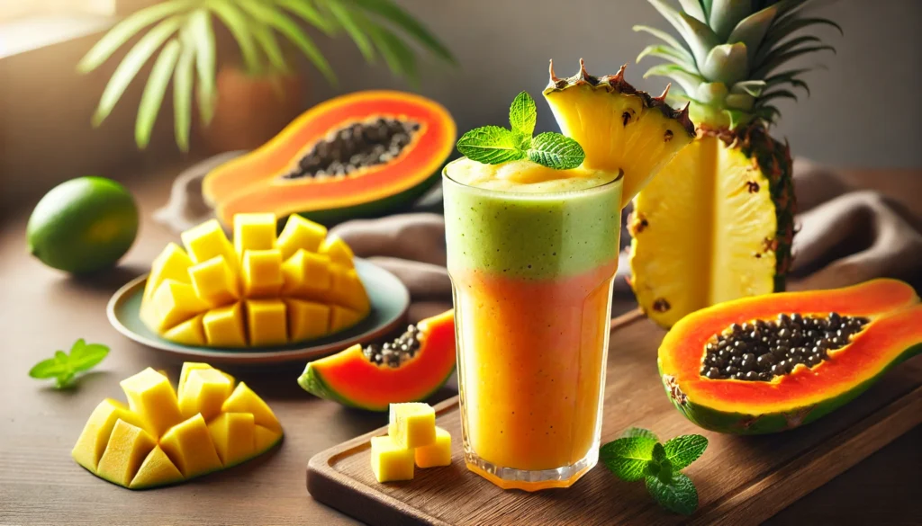 A tropical smoothie in a tall glass, featuring bright yellow-orange hues from fresh pineapple, papaya, and avocado. Garnished with a pineapple slice and a sprig of mint, the smoothie sits on a wooden countertop with tropical fruits like sliced papaya, pineapple chunks, and a lime wedge in the background.