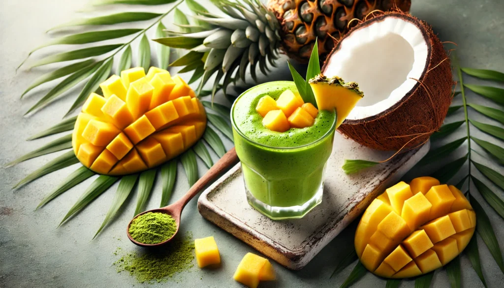 A tropical matcha smoothie in a glass, surrounded by fresh mango, pineapple chunks, and a coconut on a beach-inspired setup. The smoothie has a smooth and creamy texture with a bright green tropical tone.