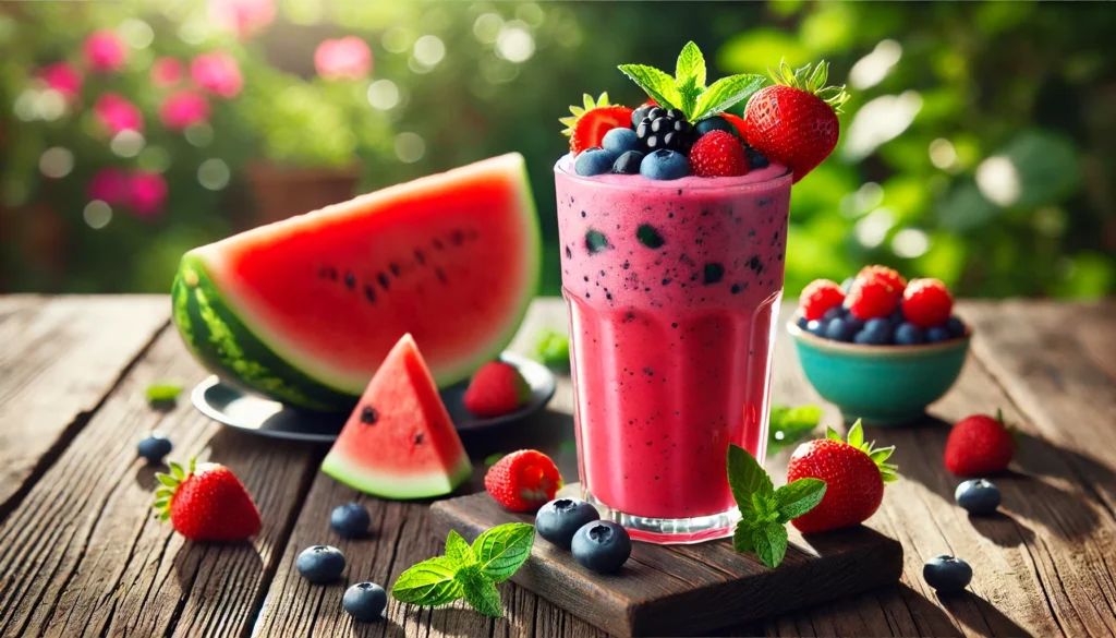 A colorful berry and watermelon smoothie in a tall glass, decorated with fresh strawberries, blueberries, and a sprig of mint on a rustic wooden table.