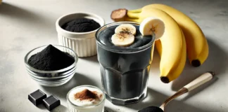 A creamy black banana-based smoothie infused with activated charcoal, surrounded by fresh banana slices, a dish of charcoal powder, Greek yogurt, and cinnamon on a bright kitchen counter. A detoxifying drink designed to cleanse the gut and support digestion.