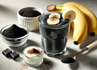 A creamy black banana-based smoothie infused with activated charcoal, surrounded by fresh banana slices, a dish of charcoal powder, Greek yogurt, and cinnamon on a bright kitchen counter. A detoxifying drink designed to cleanse the gut and support digestion.