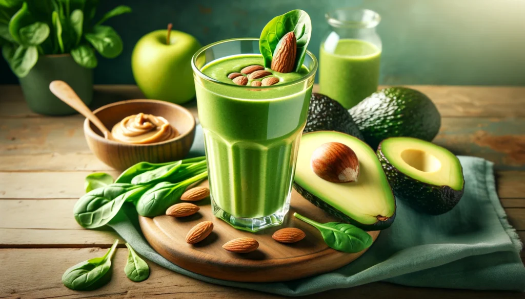 A tall glass of Almond-Avocado Green Recovery Smoothie with a vibrant green hue, garnished with an almond and a thin apple slice. Around the smoothie are fresh spinach leaves, half an avocado, a green apple, and a small bowl of almond butter on a wooden table, creating a fresh and nourishing muscle recovery setting.