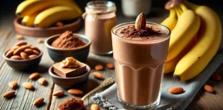 A tall glass of Almond-Chocolate Recovery Smoothie with a rich, creamy deep brown texture, garnished with cacao powder and an almond on top. The smoothie sits on a rustic wooden table surrounded by a small bowl of almond butter, cacao powder, banana slices, and a drizzle of honey, evoking a cozy, post-workout recovery ambiance.
