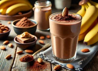 A tall glass of Almond-Chocolate Recovery Smoothie with a rich, creamy deep brown texture, garnished with cacao powder and an almond on top. The smoothie sits on a rustic wooden table surrounded by a small bowl of almond butter, cacao powder, banana slices, and a drizzle of honey, evoking a cozy, post-workout recovery ambiance.