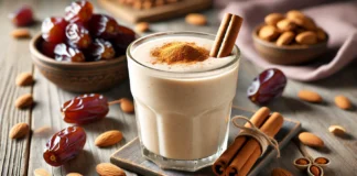 A creamy almond date smoothie in a glass, surrounded by almonds, cinnamon sticks, and Medjool dates on a wooden table. The smoothie has a velvety texture with a sprinkle of cinnamon on top, creating a cozy, sleep-enhancing ambiance.