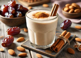 A creamy almond date smoothie in a glass, surrounded by almonds, cinnamon sticks, and Medjool dates on a wooden table. The smoothie has a velvety texture with a sprinkle of cinnamon on top, creating a cozy, sleep-enhancing ambiance.
