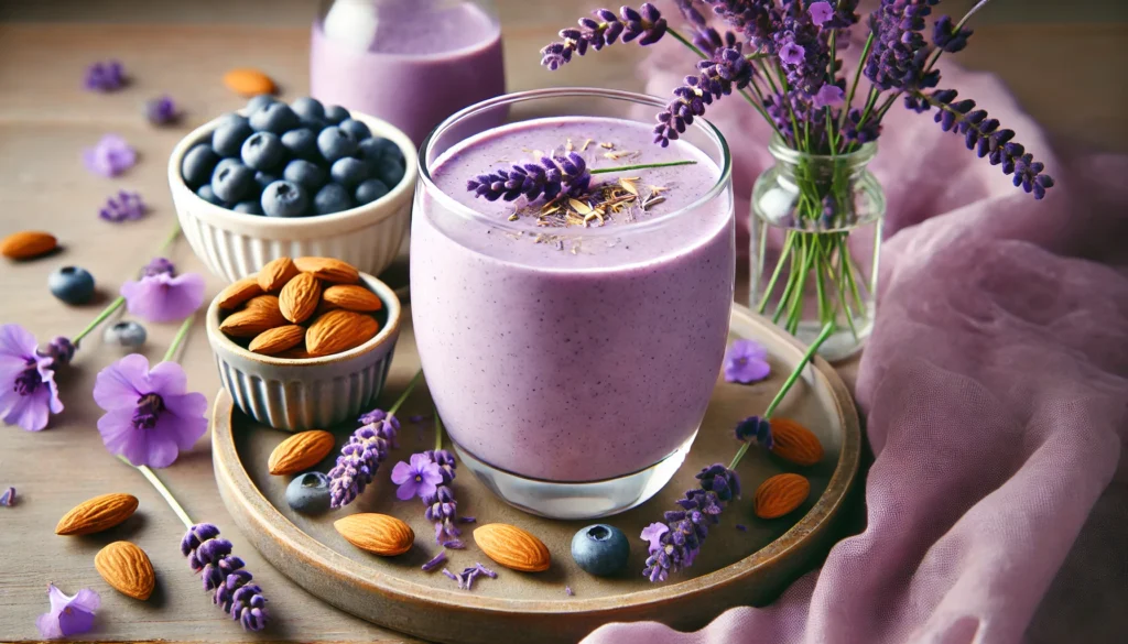 A soothing almond lavender smoothie in a glass with a soft purple hue, surrounded by fresh lavender sprigs, whole almonds, and a small dish of blueberries. The gentle lighting and spa-like atmosphere enhance relaxation and stress relief.