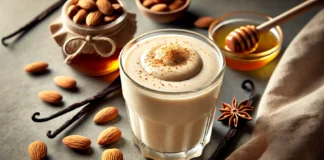 A creamy almond vanilla smoothie in a glass, garnished with a sprinkle of nutmeg. The smoothie has a smooth, rich texture, surrounded by whole almonds, a small honey jar, and a vanilla pod, creating a warm and relaxing nighttime aesthetic.